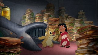 Experiment 625 (now known as Reuben) and Lilo band together amidst the sandwich stacks.